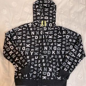 DKNY Sport Zip Up Boys Hoodie. Charcoal, White, & Gray with a hint of Lime Green